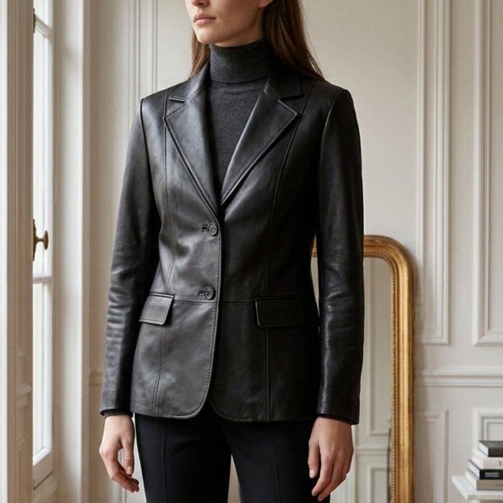 Chadwicks Black Leather Women's Jacket Blazer Size 6